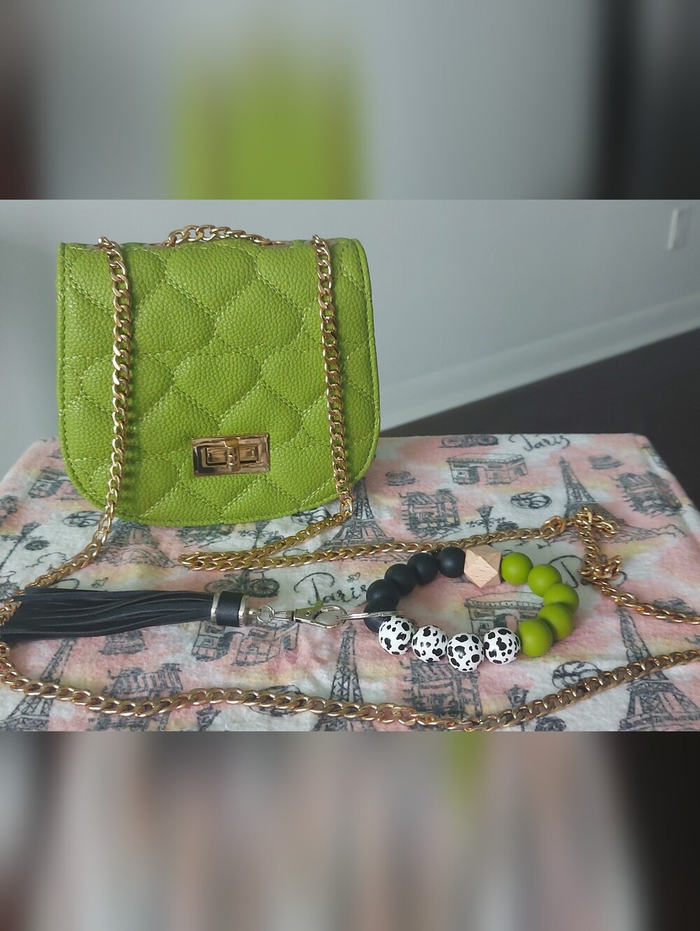 Green Quilted Crossbody Bag with Gold Chain